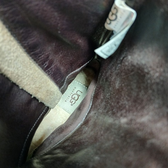 UGG Tan Leather Mid Calf Boots Womens 8.5 Embroidered Stitch Low Heel Winter - Picture 8 of 10